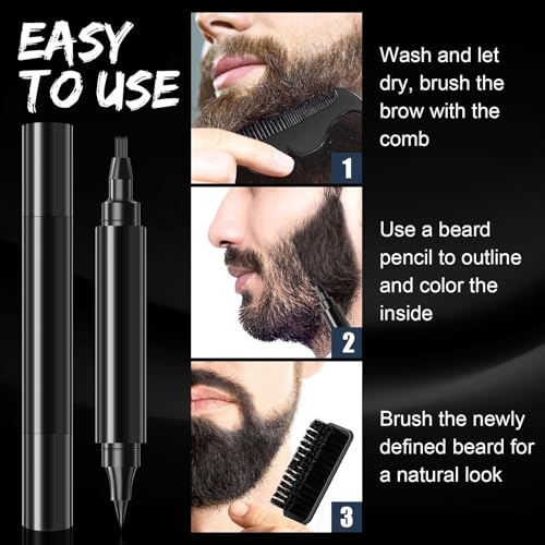 Beard Pencil Filler for Men Black - Beard Pen With Beard Brush & Comb, Barber Pencil Dual-Head, Sweat-Proof & Waterproof Beard Filler Grooming Kit for Men, Gifts for Men (Black)