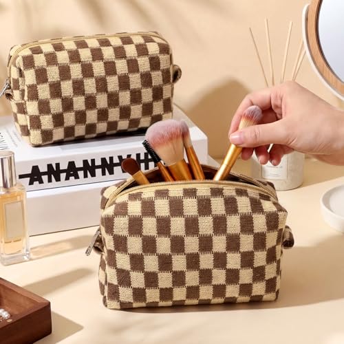 8 Pack Checkered Makeup Bags Small Cosmetic Pouch - Brown