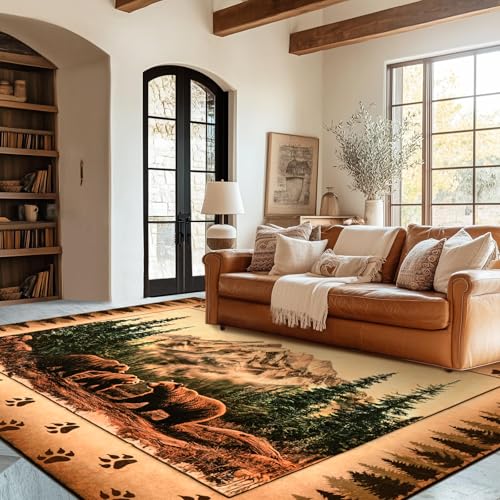 Rustic Cabin Bear Rug 5x7 - Washable Non-Slip Farmhouse Area Rug