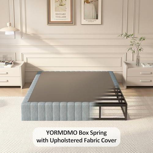 Full Size Metal Box Spring with Upholstered Fabric Cover - 9 Inch High Profile, Heavy Duty Bed Foundation, Black, Non Slip, Easy Assembly