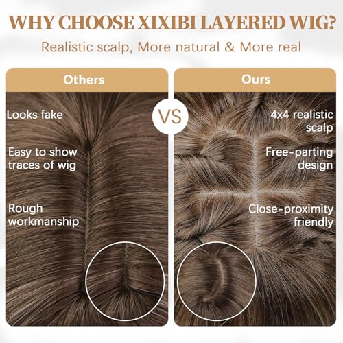 Ombre Blonde Long Straight Layered Wig with Bangs - Natural Realistic Synthetic Hair