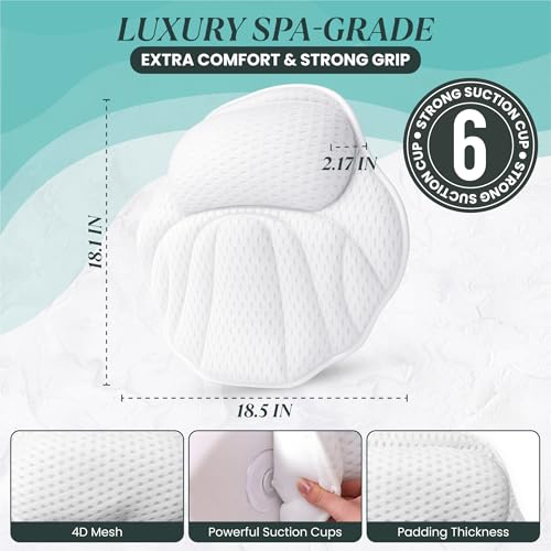 Bath Pillows for Tub ? Luxury 4D Air Mesh Bathtub Pillow with Non-Slip Suction Cups, Head & Neck, Upper Back Support, Quick-Dry, Machine Washable Spa Gift