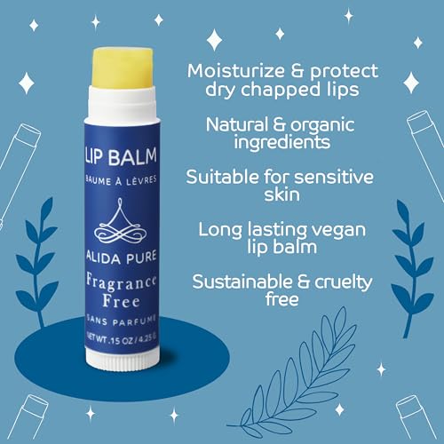 ALIDA PURE Fragrance-Free Vegan Lip Balm Set, Unscented, No Flavor, 5 Tubes