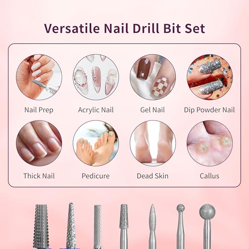 Delanie Professional Nail Drill Bit Set, 7 Pieces with Holder, Carbide and Diamond Bits, Model BS001