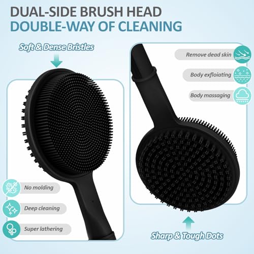 Silicone Back Scrubber & Soft Bath Glove 2PCS, 16''- 24'' Extendable Shower Scrubber with Dual-Side Head, 360¡Æ Anti-Slip & Hand-fit Silicone Body Scrubber for Rich Foaming Deep Cleaning(Black)
