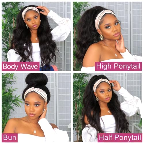 14 Inch Body Wave Human Hair Headband Wig for Black Women - Natural Black Variation