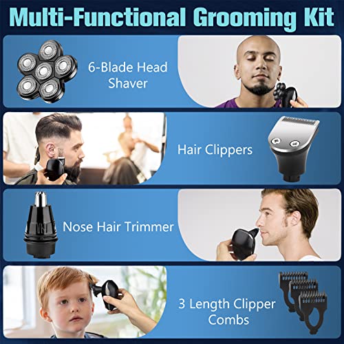 Silver 6-in-1 Electric Head Shaver for Men Waterproof Rotary Razor Kit