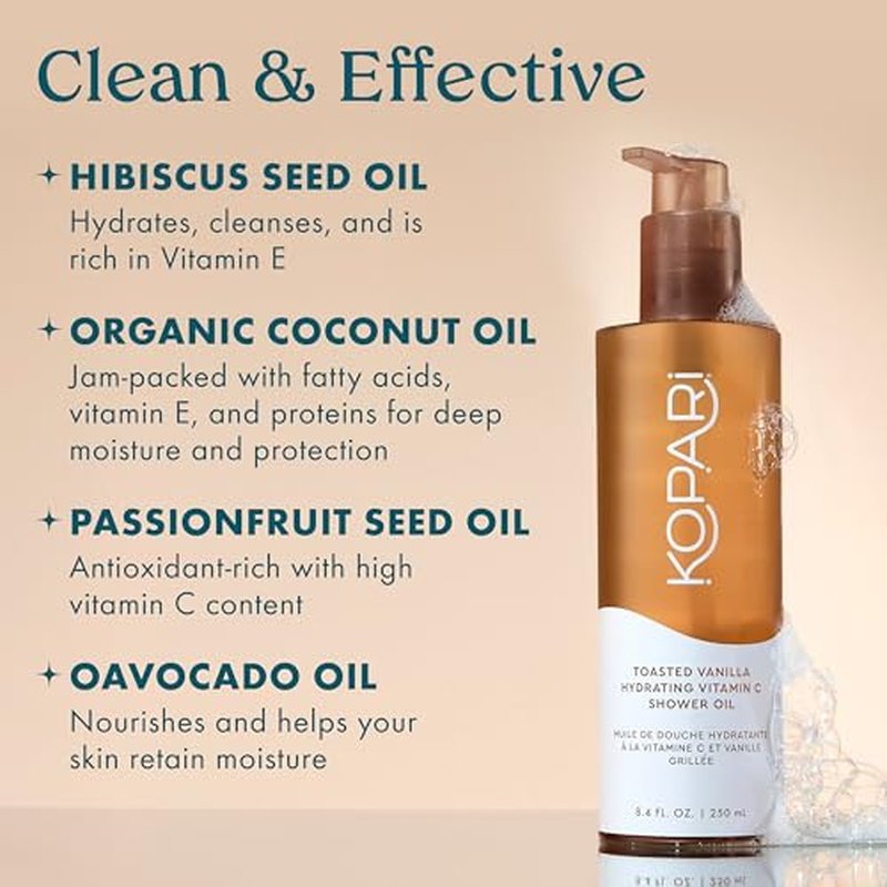 Kopari Toasted Vanilla Hydrating Vitamin C Shower Oil | Luxurious Oil-to-Foam Body Cleanser with Hibiscus, Avocado & Coconut Oils | Cleanses & Brightens Without Stripping