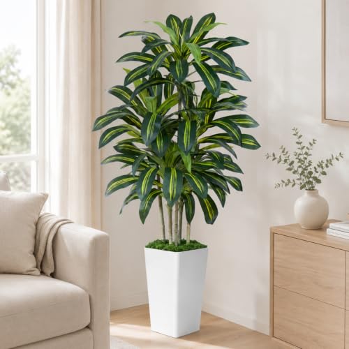 White 5Ft Artificial Dracaena Tree for Indoor Outdoor Decor - Faux Potted Plant