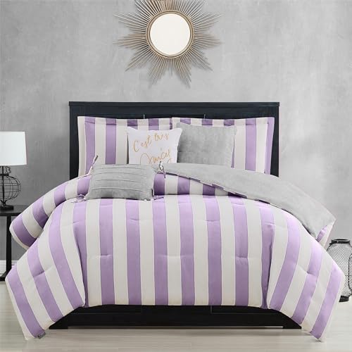 Reversible Bedding Set Queen Lavender White Stripe 6 Piece Bedroom Decor