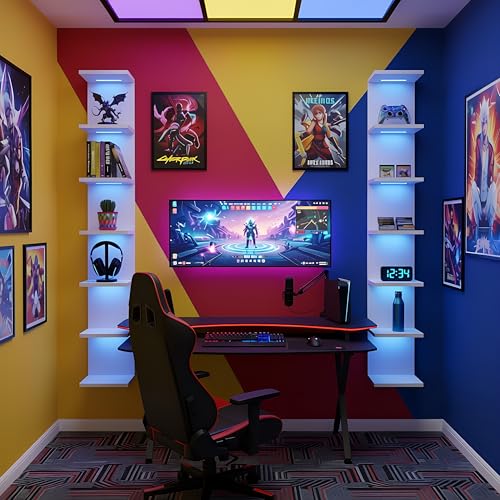 7-Tier Wall Shelf with RGB Lights - White, Remote Controlled, Space-Saving Display