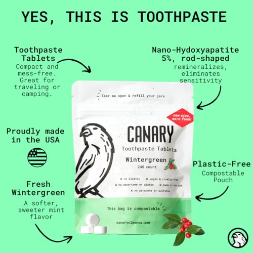 Canary Nano Hydroxyapatite Toothpaste Tablets Wintergreen 240 Count - Fluoride-Free Natural Oral Care for Travel