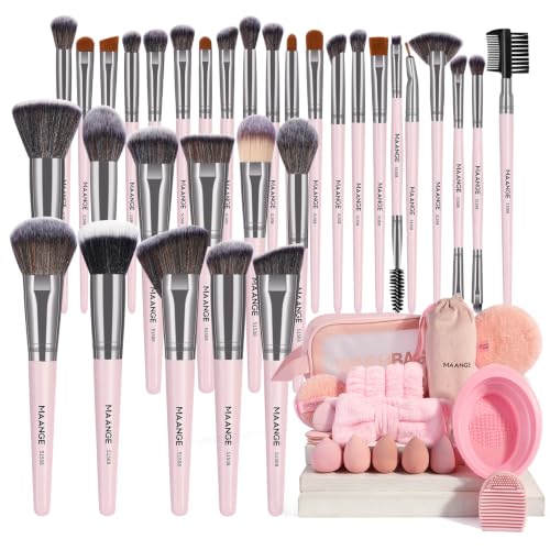 Pink Makeup Brush Set 54 Pcs with Organizer - Synthetic Face & Eye Tools for Women