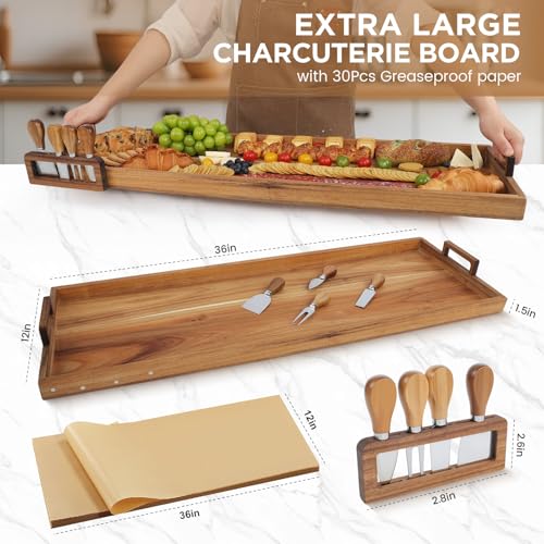Large Acacia Wood Charcuterie Board 36x12 Inch with Cheese Knife Set - Variation of THIS listing
