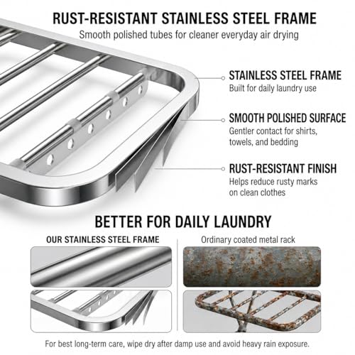 Heavy Duty Stainless Steel Clothes Drying Rack - 71 Inch Foldable Laundry Organizer with Wheels