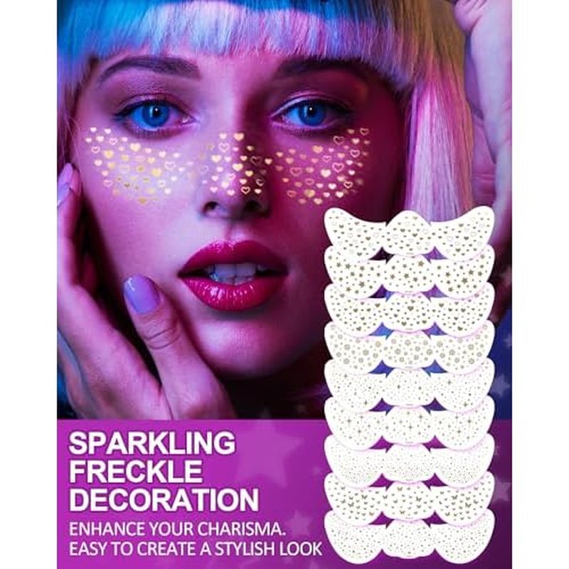 9 Style Set Glitter Face Tattoo Gold Glitter Freckles Makeup Patches, Sparkle Temporary Tattoo Gold Speckles Waterproof Faux Fake Freckle for Dance Music Party Makeup