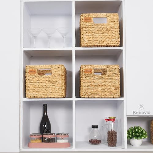 Large Wicker Storage Baskets Set of 3 - Water Hyacinth Organizer with Handles, Traditional Pattern