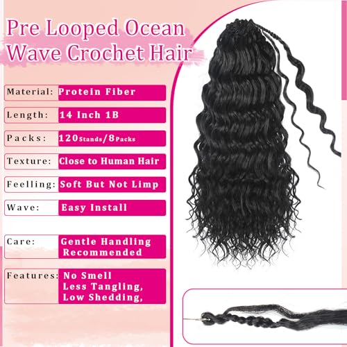 Vynoro 14 Inch 120 Strands Boho Ocean Wave Crochet Hair - Pack of 8, 1B