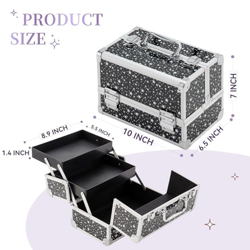 Leeora&Leekoo Makeup Train Case Cosmetic Box Portable Makeup Case Organizer 2 Trays Makeup Storage with Mirror for Cosmetologist Aesthetic Supplies Nail Tech Traveling Makeup Box (Flashing Star)