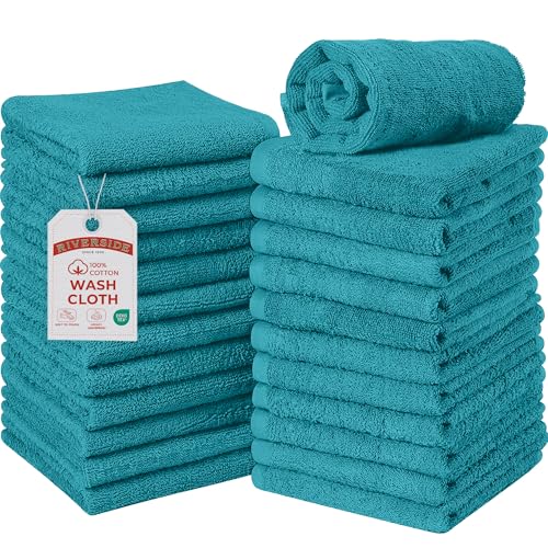 RIVERSIDE Pack of 24 Wash Cloths for Showering, 12 x 12 Inches, Super Soft & Absorbent, 100% Cotton Washcloths Premium Quality Flannel Face Cloths for Bathroom, Gym, Spa (Teal, 24 Pack)