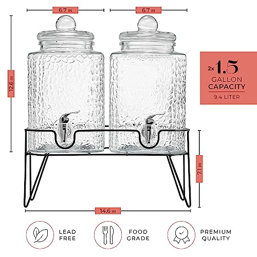 Glass Beverage Dispenser Set with Metal Stand - 1.5 Gal, Double, Accessories - Style Setter