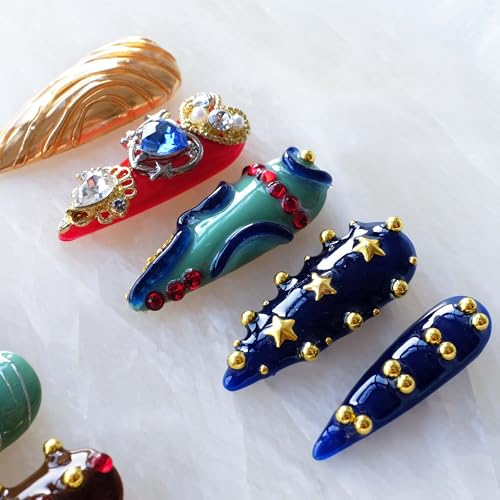 Luxury Handmade Press On Nails, Vintage Bohemian Style, Long Stiletto Shape, Crystal Heart Gems, Gold Stars Design, 10 Pieces (Small, LS)