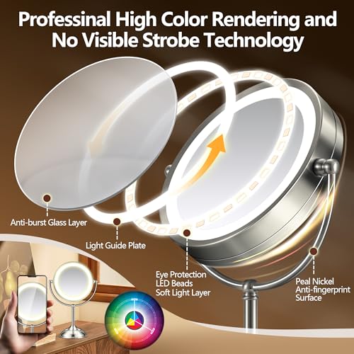 Silver 10X Lighted Makeup Mirror with 3 Color Modes & Adjustable Brightness