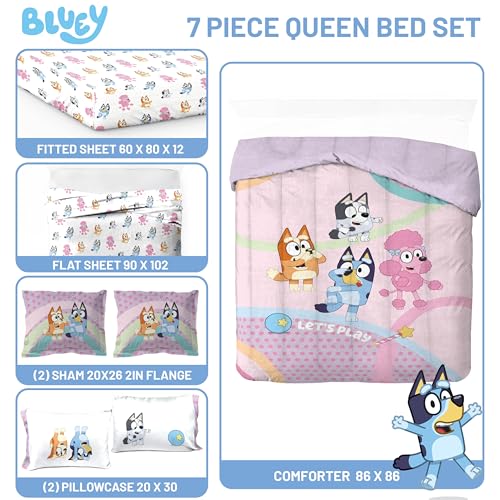Bluey Bingo Queen Kids Comforter Set 7 Piece Bedding for Girls, Pink - Queen Size