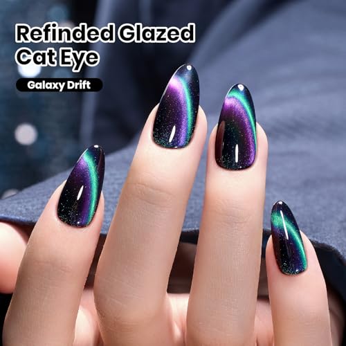 Beetles Stay Shining Cat Eye Gel Nail Polish - 15ML 9D Chameleon Cat Eye Green Purple Double Magic Colors Gel Polish with Magnet Soak Off UV Galaxy Drift Collection Nail Art Design Gift for Women