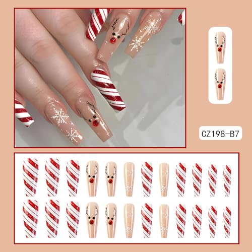 Christmas Press on Nails Long Coffin Fake Nails Red White Swirl with Snowflake Elk Design Glue on Nails Rhinestones Glitter Full Cover Artificial Acrylic Stick on False Nails for Women Manicure 24Pcs