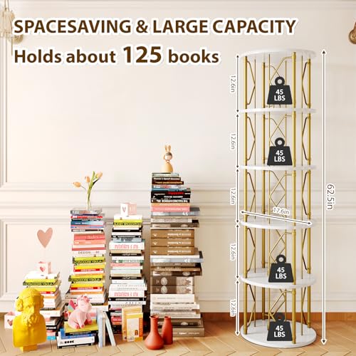 Gold & White 5-Tier Rotating Bookshelf Tower - 62.5 Inches High