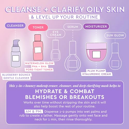 Glow Recipe Blueberry Bounce Gentle Face Cleanser (30 ml) + Watermelon Glow PHA + BHA Facial Toner & Pore Minimizer (40 ml) + Plum Plump Hyaluronic Acid Face Cream (20 ml) - Travel Friendly