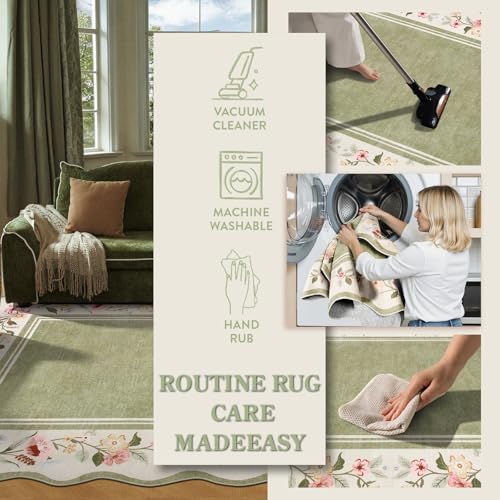 5x7 Green Floral Scalloped Rug - Vintage Boho Area Rug for Living Room