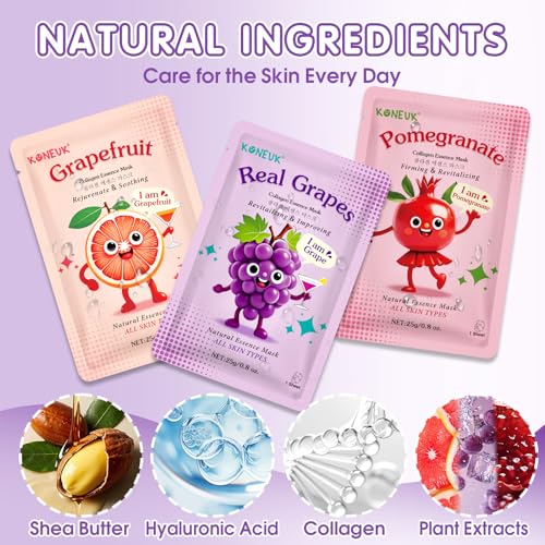 70 Pack Collagen Hydrating Face Masks with Fruit Variations - Skincare Set for Women & Teens