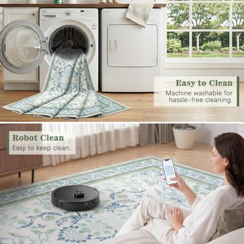 DCX 8x8 Square Washable Rug with Non-Slip Backing - Blue & Green Botanical
