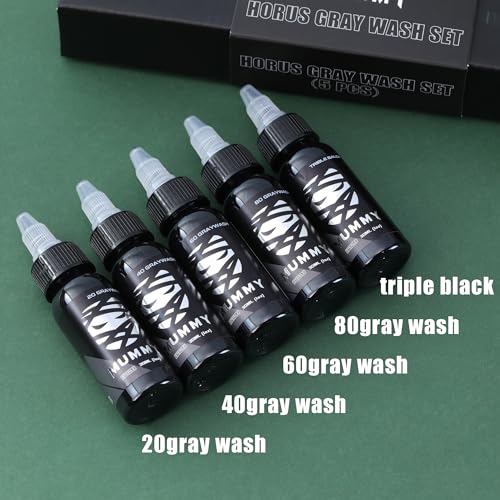 Mummy Greywash Tattoo Ink Set - 5 Natural Water-Based Pigment Bottles for Artists