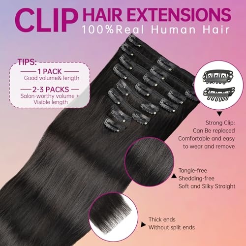 Clip in Hair Extensions 18 Inch Real Human Hair Seamless Natural Look - Variation 1B