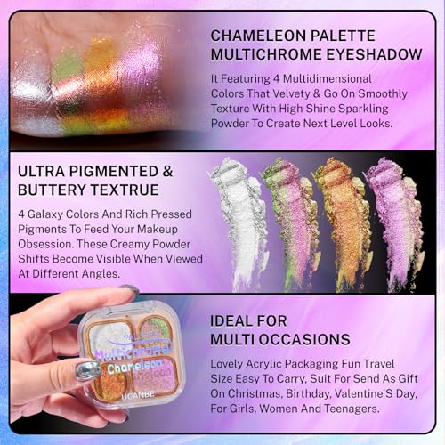 UCANBE Chameleon Shimmer Eyeshadow Makeup Palette, 4 Colors Metallic Glitter Multichrome Eye Shadow Pallet, High Pigmented Creamy Sparkling Duo Chrome Multidimensional Eye Make Up Kit