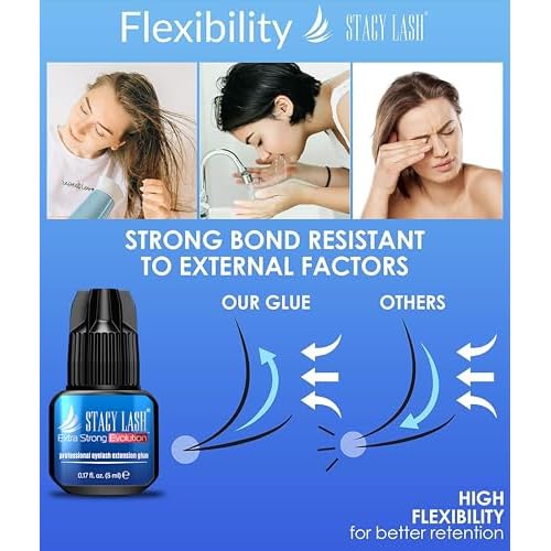 STACY LASH Extra Strong Evolution Eyelash Extension Glue (0.17fl.oz / 5ml) / 0.5-1 Sec Dry/Retention ? 8 Weeks/Black Adhesive/Lash Tech Supplies + Glue Ring