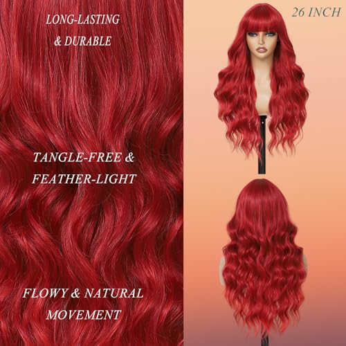 Red Wavy Curly Wig with Bangs - 26 Inch Long Synthetic Hair for Women - Variation of THIS listing