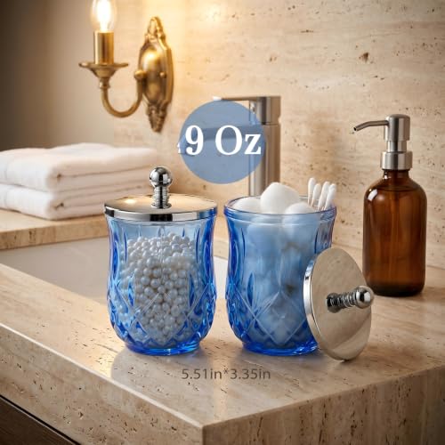 Blue 10Oz Glass Q-Tip Holder 2 Pack - Round Bathroom Cotton Organizer