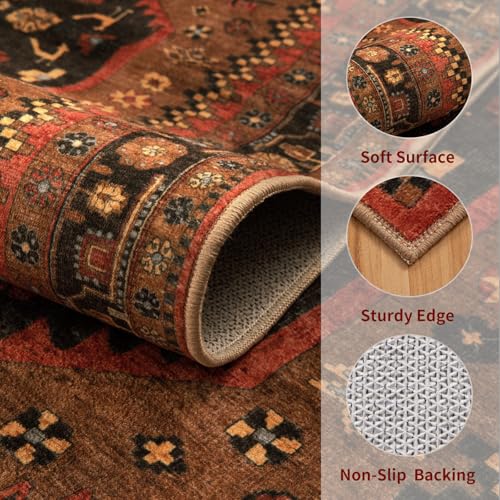 8ft Round Area Rug for Living Room and Bedroom - Soft Boho Carpet with Anti-Slip Back - Red and Gold Variation