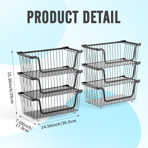 GAOKASE 6-Pack Stackable Wire Baskets for Pantry Storage - Black