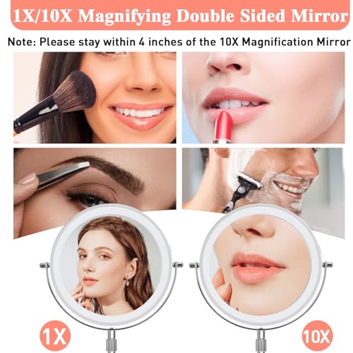 Rechargeable LED Lighted Makeup Mirror with 10X Magnification & Dimmable Lights
