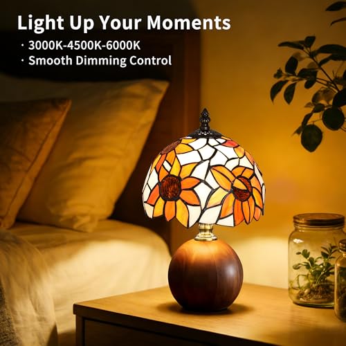 12.2" Retro Sunflower Tiffany Table Lamp with Orange Glass & Wooden Base