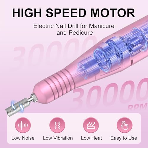 Professional Electric Nail Drill File: COSYGLOW Glitter Portable E-File Nail Drill Kit with11 Drill Bits Pink&Black