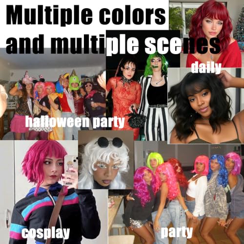 Pink Wavy Bob Wig for Women Short Pastel Curly with Bangs - Cosplay & Party Wig - Variation Pink