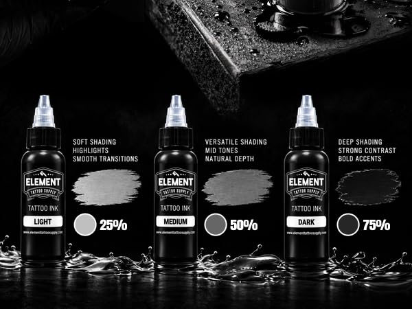 Element Tattoo Supply 2 oz Greywash Set – 3 Shades Greywash (Light, Medium, Dark) for Black & Grey Tattoos