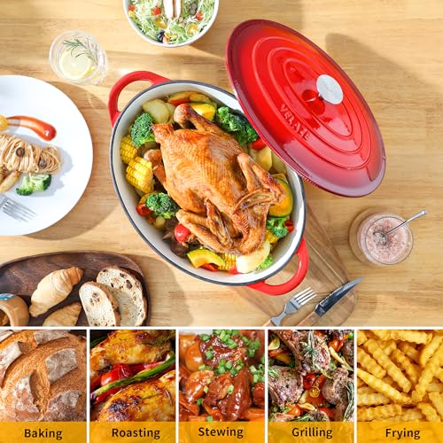 7.5 Qt Red Enameled Cast Iron Dutch Oven with Lid - Multipurpose Cookware