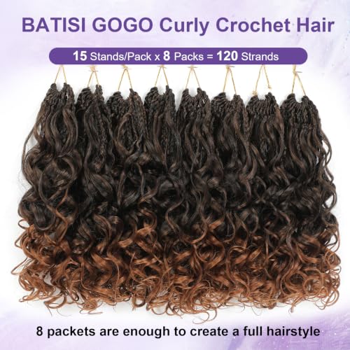 BATISI Gogo Curl Crochet Hair 8 Packs Short Ombre 10 Inch Pre-Looped Synthetic Extensions for Women